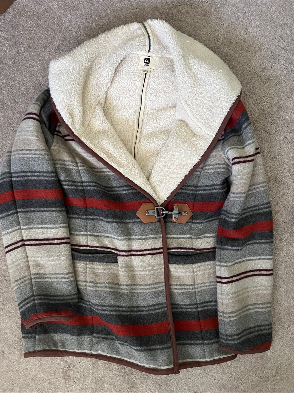 Quiksilver Cream Sherpa-Lined Hoodie with Red & Gray Trim